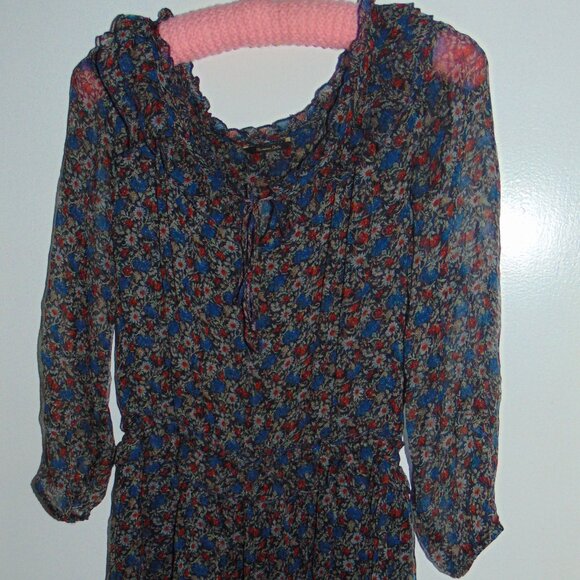 Massimo Dutti Round Floral Ruffle Neck Semi Sheer Layered Midi Dress Boho 5 - Picture 6 of 9